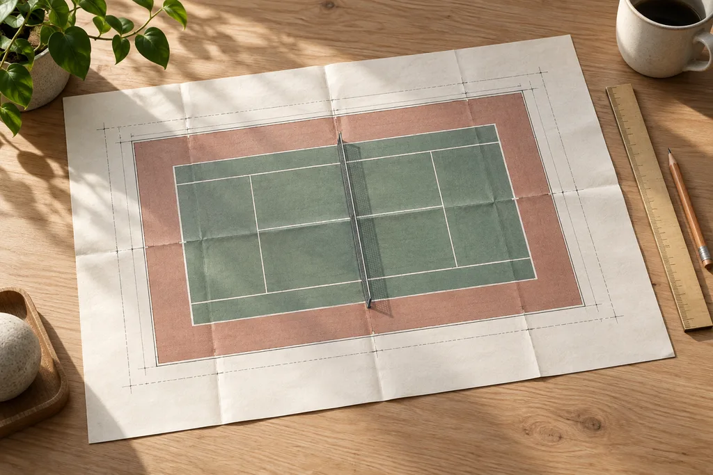 Bureau avec plan de court déplié, crayon et règle, prêt pour un projet d'aménagement.