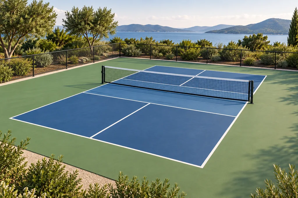 Court de pickleball entouré d'une bande libre, vue de dessus, avec grillage en arrière-plan.