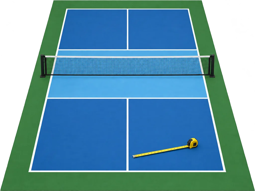 Vue légèrement surélevée d'un court de pickleball aux lignes blanches nettes, avec filet central et zones de non-volée bien visibles.