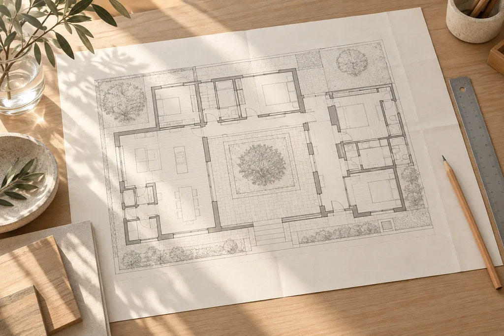 Bureau avec plan de court déplié, crayon et règle, prêt pour un projet d'aménagement.