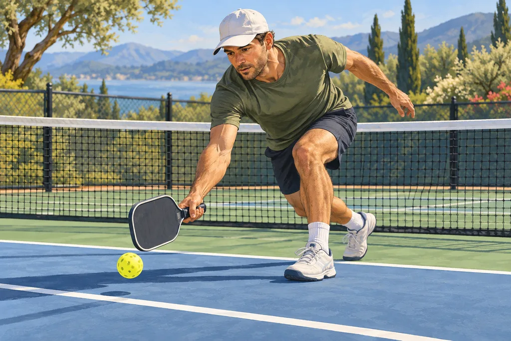 Joueur de pickleball près du filet, pieds placés juste derrière la ligne de la zone de non-volée.